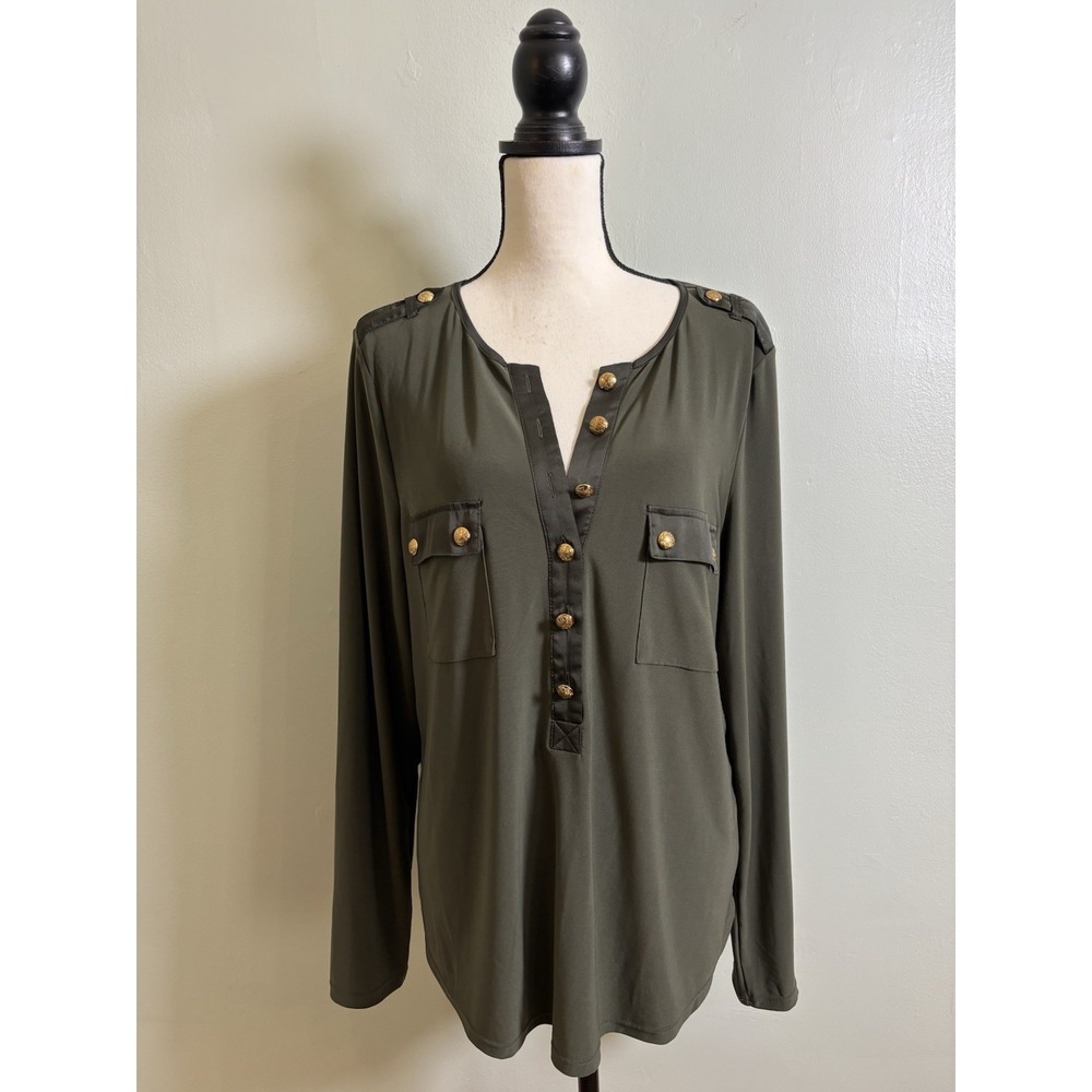 White House Black Market XL Olive Green Blouse Classic Equestrian Chic